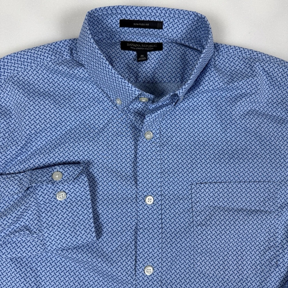 Banana Republic Men M Blue Geometric Print Tech Stretch Slim Flex Fit Shirt